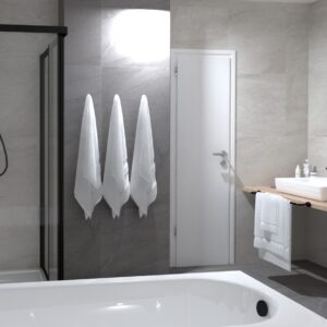 Vizualizace koupelny s šedými obklady